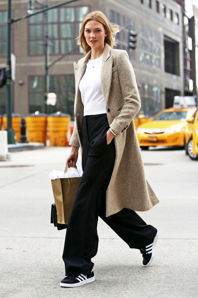 Le-Fashion-Blog-Model-Karlie-Kloss-Fall-Winter-Style-Tweed-Texture-Coat-Cropped-Sweater-Wide-Leg-Pants-Adidas-Sneakers